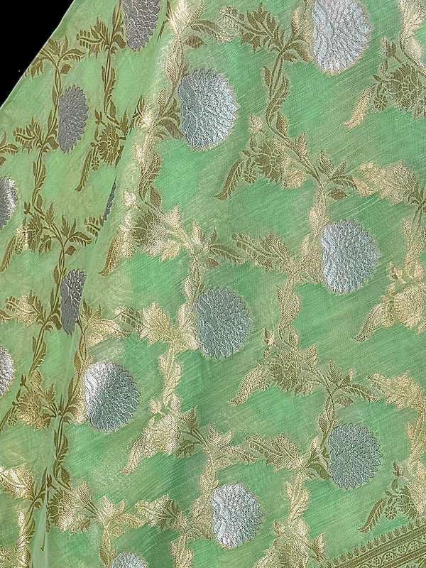 Pastel Green Color Linen Silk Saree with Banarasi Borders and Pallu and Floral Jaal Weave | Green Linen Silk Saree | Ships from California