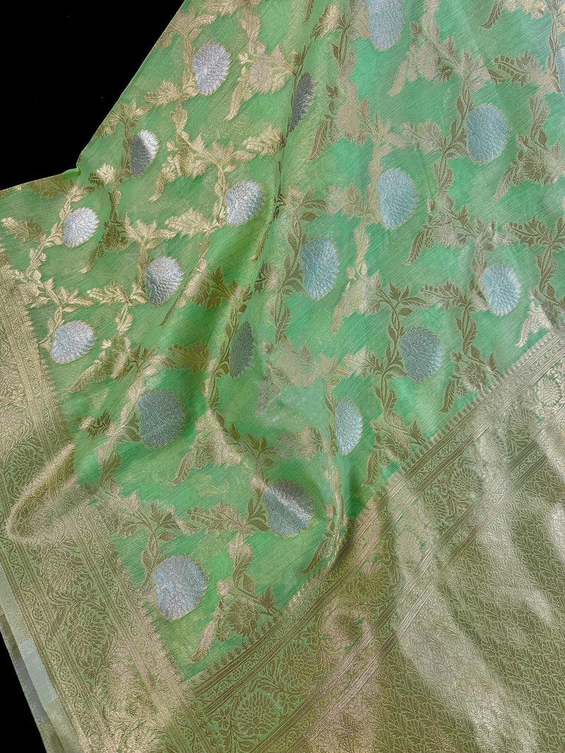 Pastel Green Color Linen Silk Saree with Banarasi Borders and Pallu and Floral Jaal Weave | Green Linen Silk Saree | Ships from California