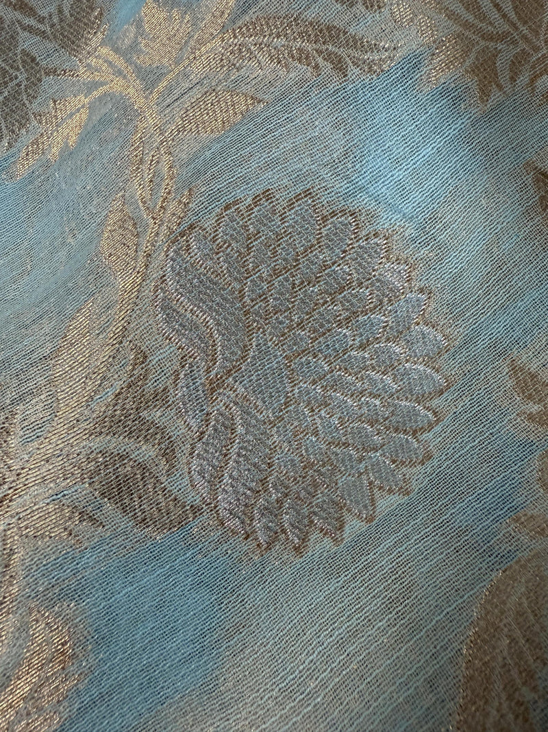 Pastel Sky Blue Linen Silk Saree with Banarasi Border and Pallu and Floral Jaal Weave | Pastel Blue Linen Silk Saree | Ships from California