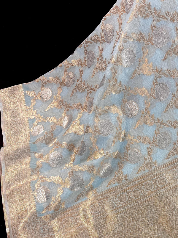 Pastel Sky Blue Linen Silk Saree with Banarasi Border and Pallu and Floral Jaal Weave | Pastel Blue Linen Silk Saree | Ships from California