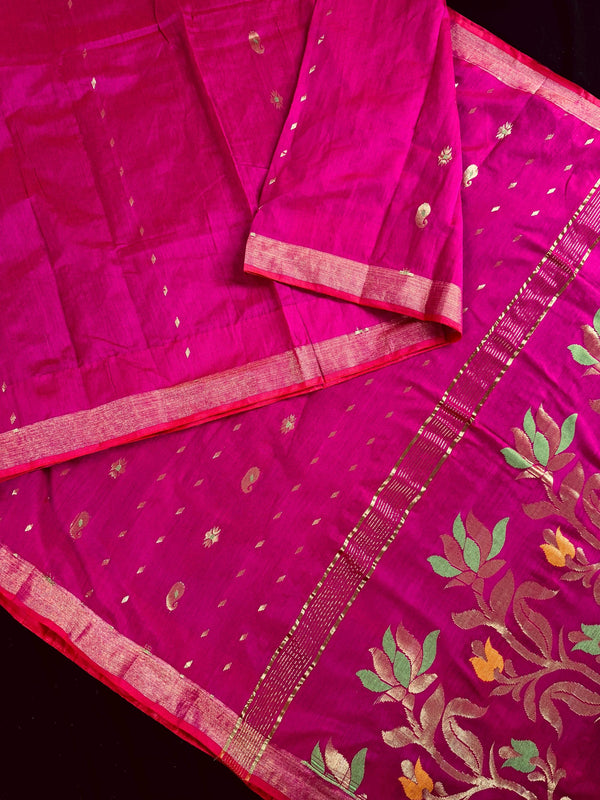 Handmade Rani Pink Bengal Silk Cotton Saree with Floral Pallu  | Cotton Silk Sarees | Soft Cotton Silk Saree with Meenakari and Zari Weave
