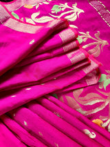 Handmade Rani Pink Bengal Silk Cotton Saree with Floral Pallu  | Cotton Silk Sarees | Soft Cotton Silk Saree with Meenakari and Zari Weave