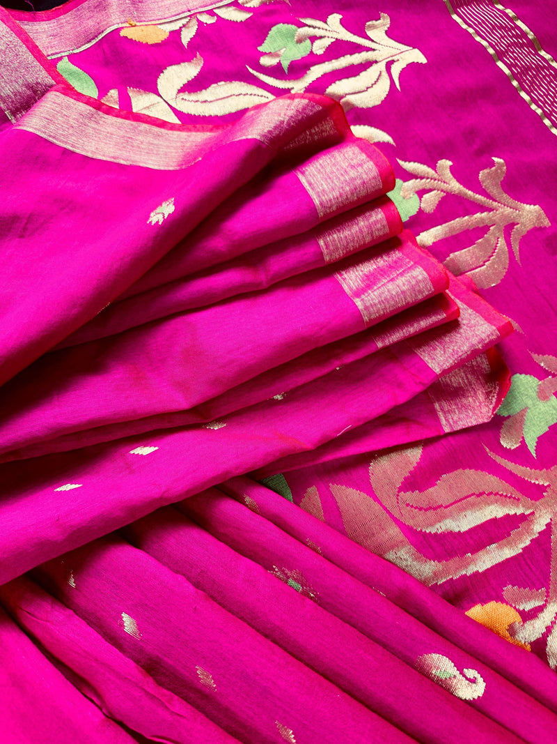Handmade Rani Pink Bengal Silk Cotton Saree with Floral Pallu  | Cotton Silk Sarees | Soft Cotton Silk Saree with Meenakari and Zari Weave