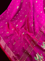 Handmade Rani Pink Bengal Silk Cotton Saree with Floral Pallu  | Cotton Silk Sarees | Soft Cotton Silk Saree with Meenakari and Zari Weave
