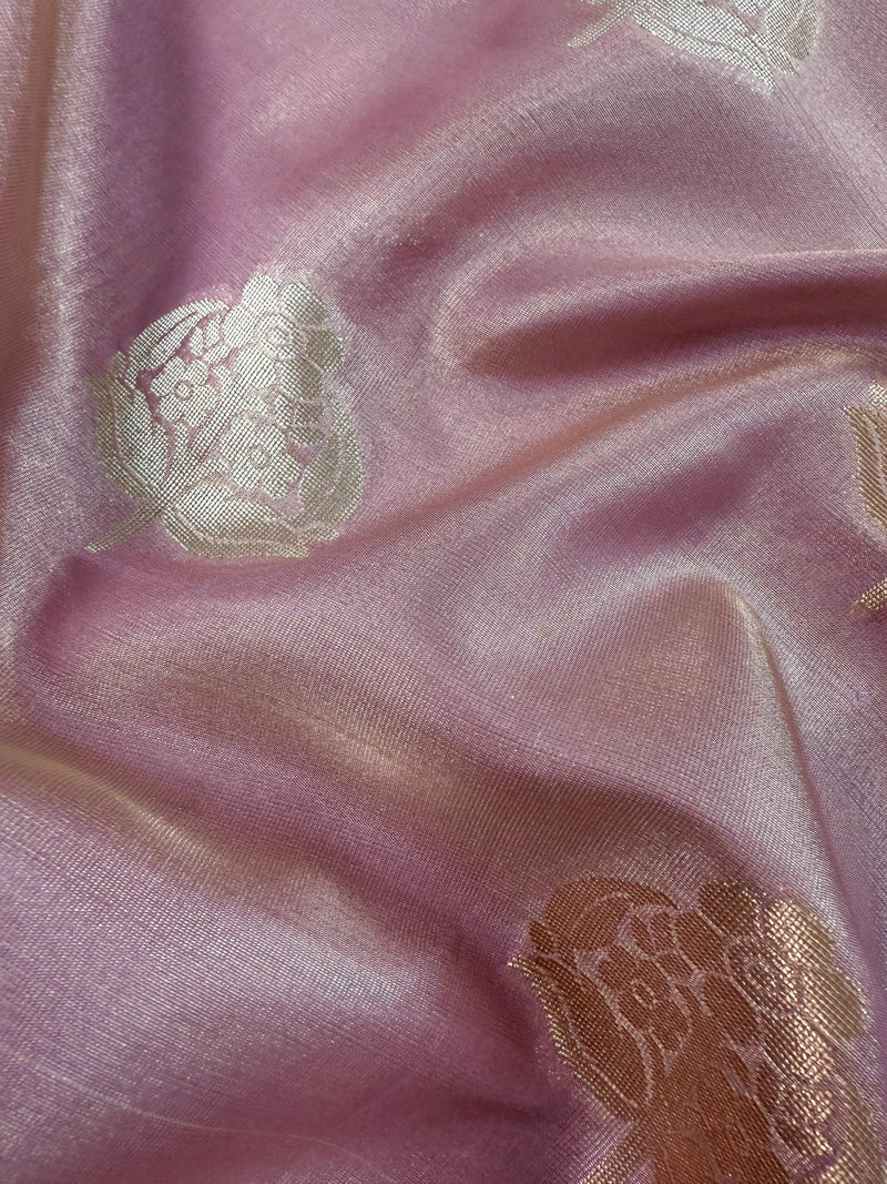 Statement Onion Pink Color Soft Tissue Silk Saree with small Banarasi Border and Pallu | Muted Gold and Sliver Leaves Buttas
