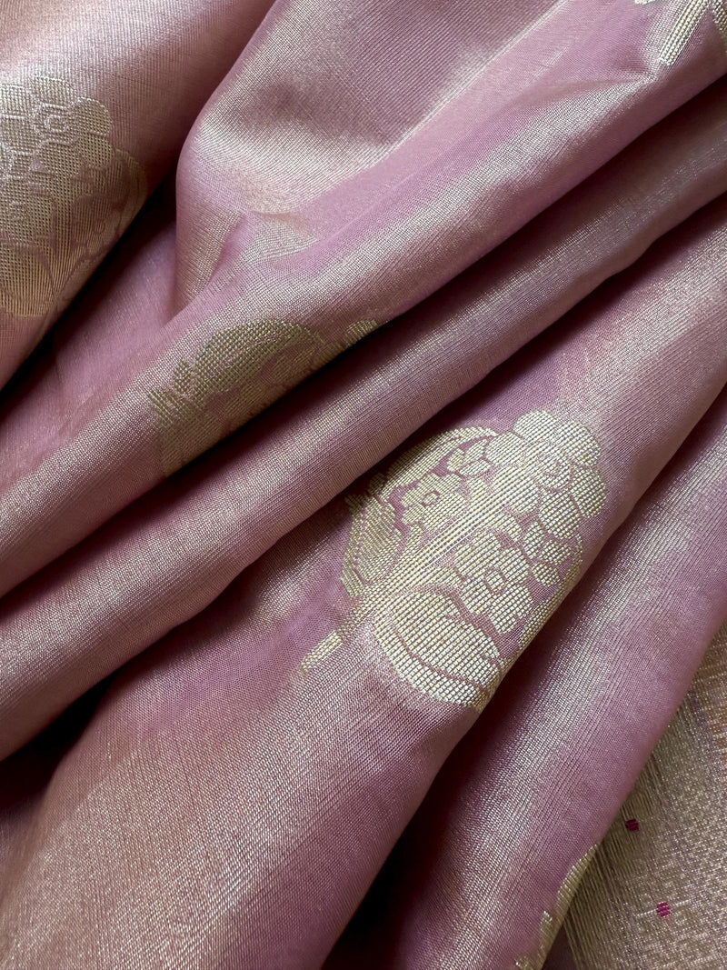Statement Onion Pink Color Soft Tissue Silk Saree with small Banarasi Border and Pallu | Muted Gold and Sliver Leaves Buttas