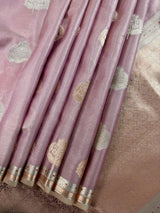 Statement Onion Pink Color Soft Tissue Silk Saree with small Banarasi Border and Pallu | Muted Gold and Sliver Leaves Buttas