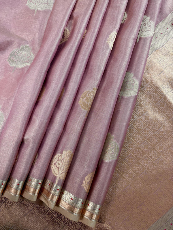 Statement Onion Pink Color Soft Tissue Silk Saree with small Banarasi Border and Pallu | Muted Gold and Sliver Leaves Buttas