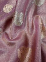 Statement Onion Pink Color Soft Tissue Silk Saree with small Banarasi Border and Pallu | Muted Gold and Sliver Leaves Buttas