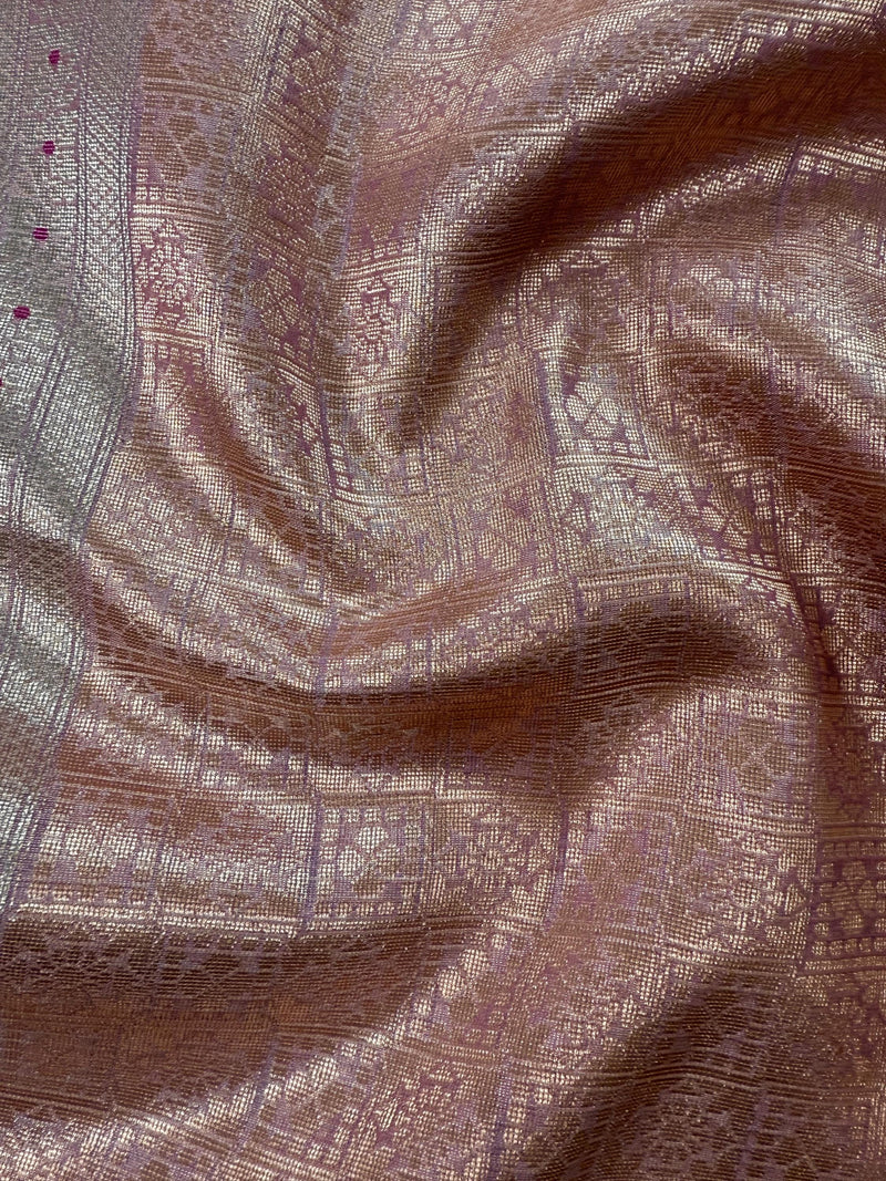 Statement Onion Pink Color Soft Tissue Silk Saree with small Banarasi Border and Pallu | Muted Gold and Sliver Leaves Buttas