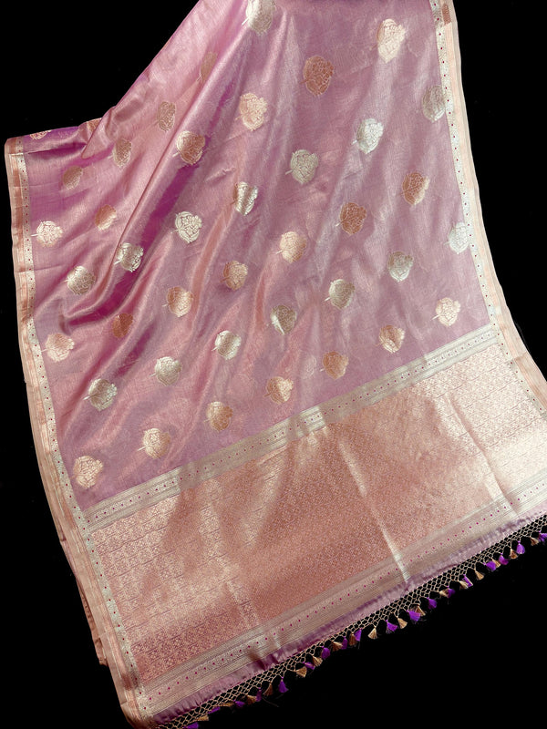 Statement Onion Pink Color Soft Tissue Silk Saree with small Banarasi Border and Pallu | Muted Gold and Sliver Leaves Buttas
