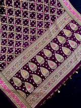 Handmade Purple Color Bandhej Saree in Dupion Silk with Meenakari Work and Muted Gold Zari | Handwoven Sarees | Bandhani Sarees