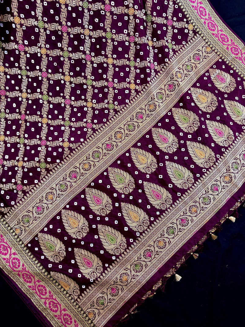 Handmade Purple Color Bandhej Saree in Dupion Silk with Meenakari Work and Muted Gold Zari | Handwoven Sarees | Bandhani Sarees