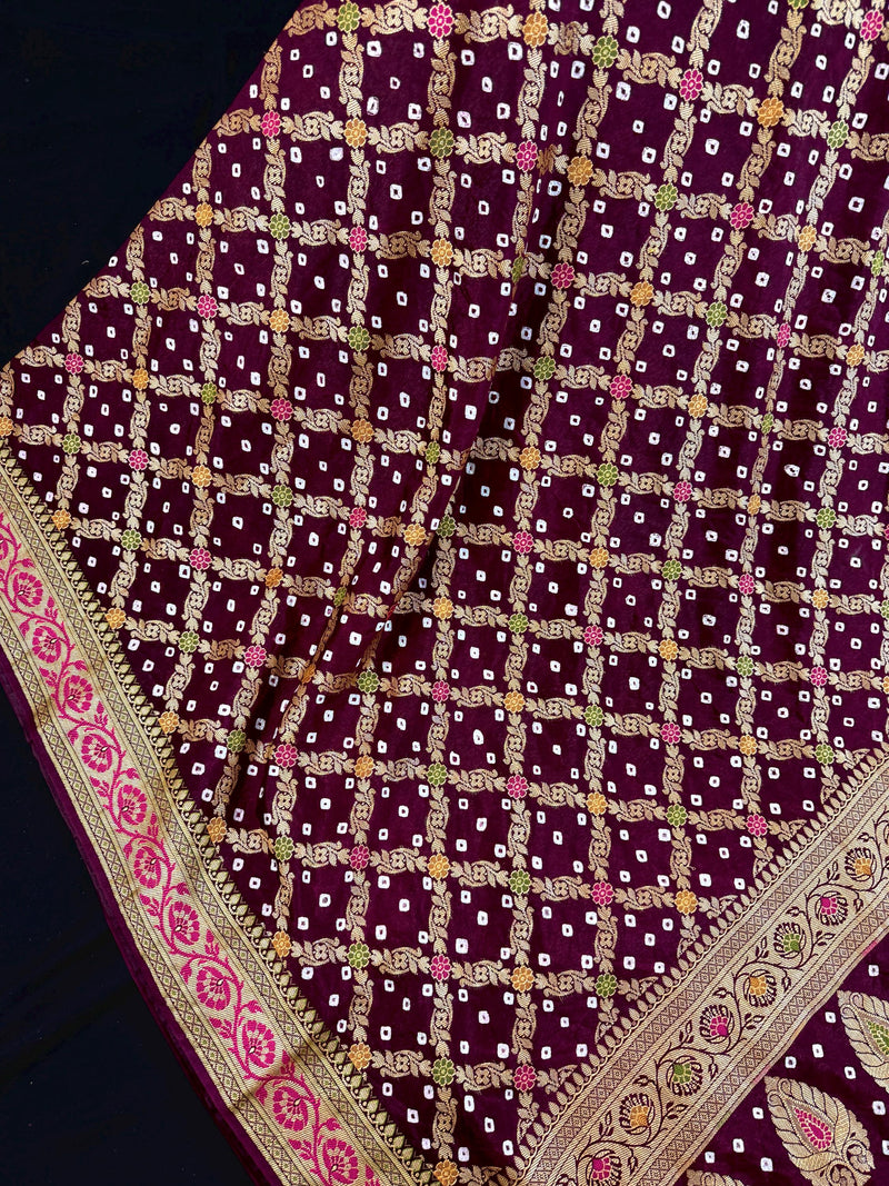 Handmade Purple Color Bandhej Saree in Dupion Silk with Meenakari Work and Muted Gold Zari | Handwoven Sarees | Bandhani Sarees