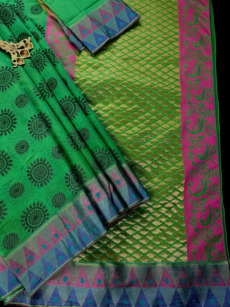 Handmade Green Color Saree with Temple Border  | Cotton Silk Sarees | Soft Cotton Silk Saree with Meenakari | Ships from California