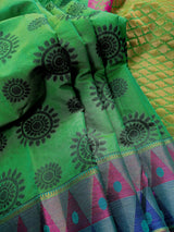 Handmade Green Color Saree with Temple Border  | Cotton Silk Sarees | Soft Cotton Silk Saree with Meenakari | Ships from California
