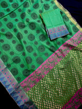 Handmade Green Color Saree with Temple Border  | Cotton Silk Sarees | Soft Cotton Silk Saree with Meenakari | Ships from California