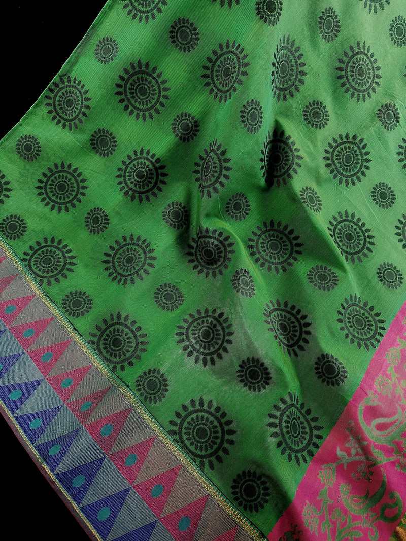 Handmade Green Color Saree with Temple Border  | Cotton Silk Sarees | Soft Cotton Silk Saree with Meenakari | Ships from California