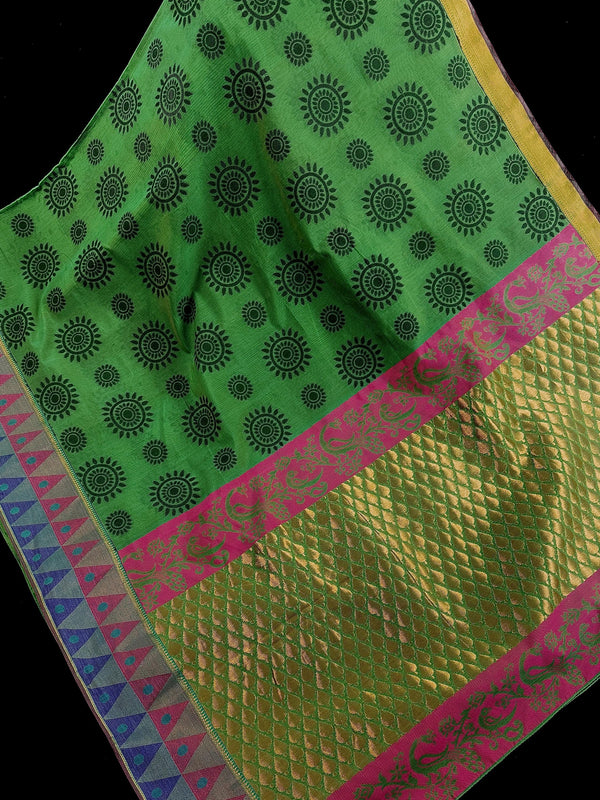 Handmade Green Color Saree with Temple Border  | Cotton Silk Sarees | Soft Cotton Silk Saree with Meenakari | Ships from California