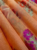 Peach Color Soft Cotton Silk Saree with Floral Buttas | Zari Weaving buttas with Banarasi Borders with Antique Zari | Soft Cotton Silk Saree