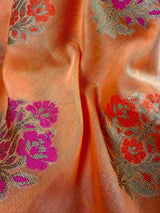 Peach Color Soft Cotton Silk Saree with Floral Buttas | Zari Weaving buttas with Banarasi Borders with Antique Zari | Soft Cotton Silk Saree