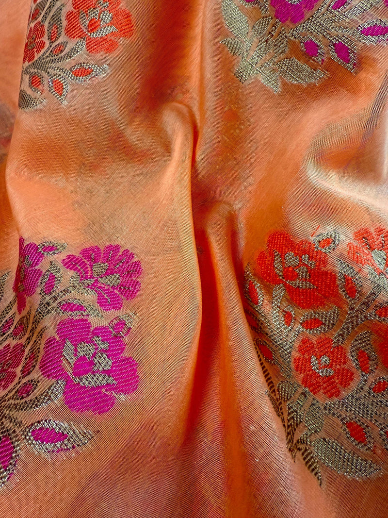 Peach Color Soft Cotton Silk Saree with Floral Buttas | Zari Weaving buttas with Banarasi Borders with Antique Zari | Soft Cotton Silk Saree