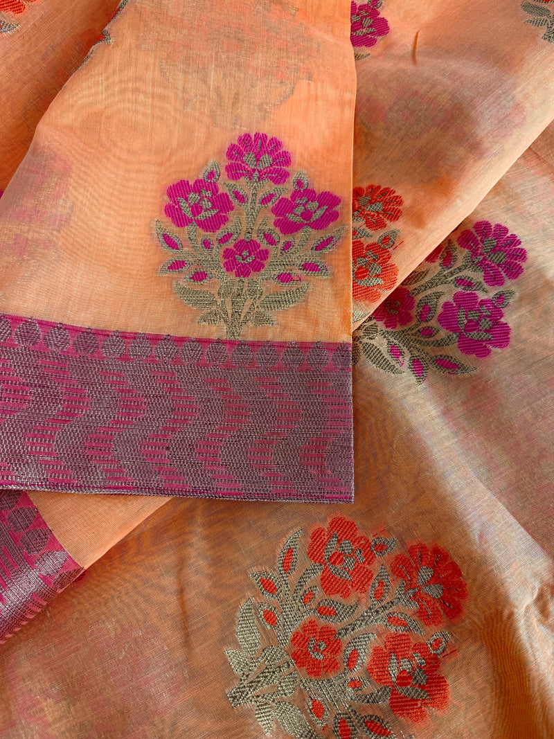 Peach Color Soft Cotton Silk Saree with Floral Buttas | Zari Weaving buttas with Banarasi Borders with Antique Zari | Soft Cotton Silk Saree