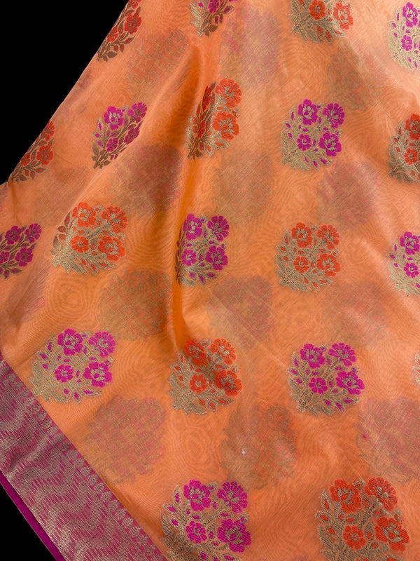 Peach Color Soft Cotton Silk Saree with Floral Buttas | Zari Weaving buttas with Banarasi Borders with Antique Zari | Soft Cotton Silk Saree