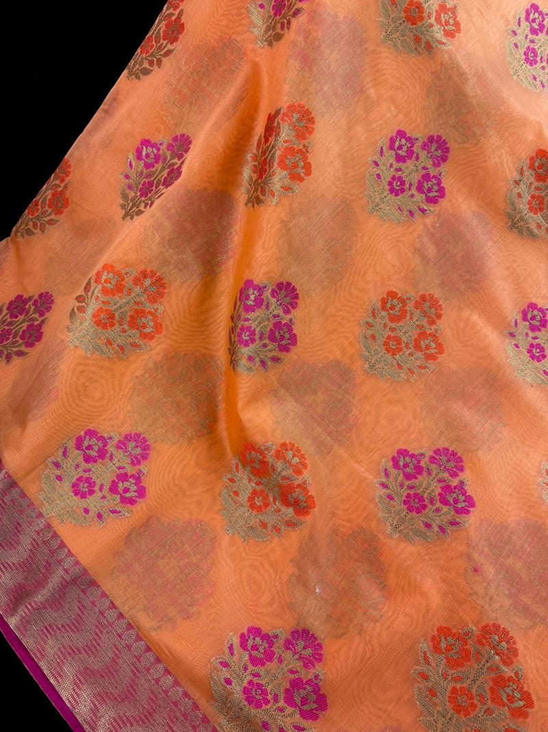 Peach Color Soft Cotton Silk Saree with Floral Buttas | Zari Weaving buttas with Banarasi Borders with Antique Zari | Soft Cotton Silk Saree