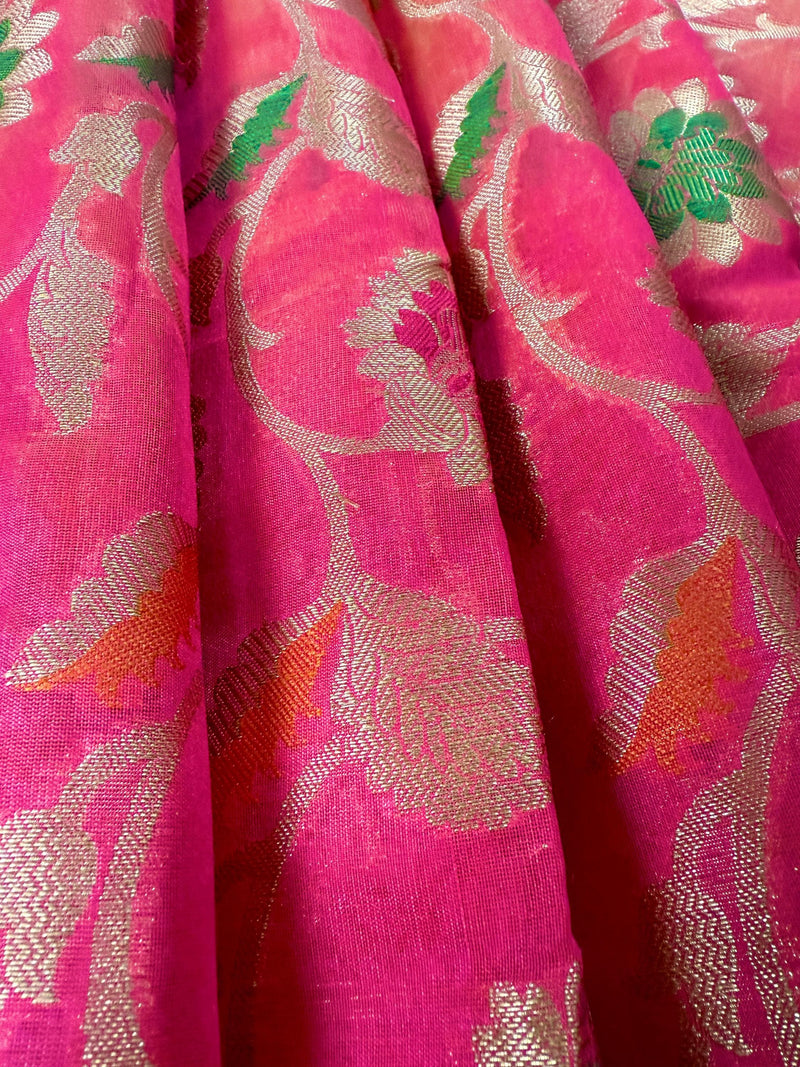 Deep Pink Color Semi Banarasi Silk Saree with Floral Jaal and Meenakari Weaving with undertone of Peach | Brocade Blouse | Banarasi Sarees