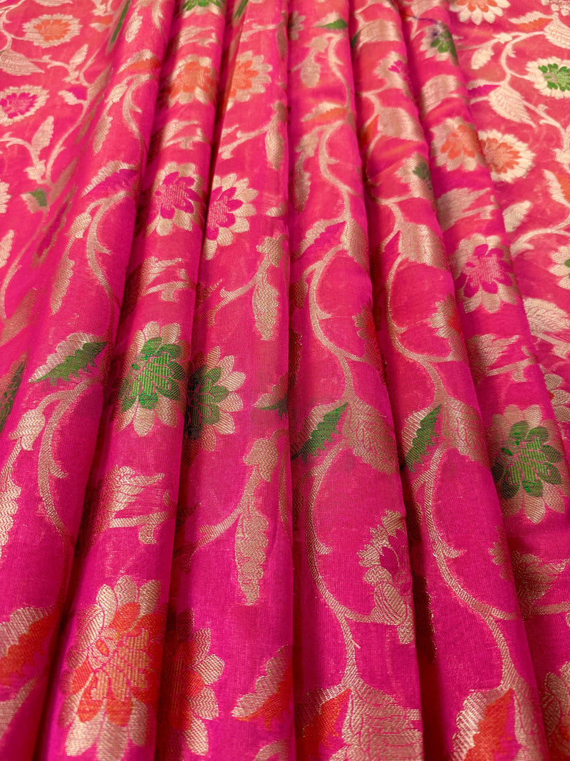 Deep Pink Color Semi Banarasi Silk Saree with Floral Jaal and Meenakari Weaving with undertone of Peach | Brocade Blouse | Banarasi Sarees