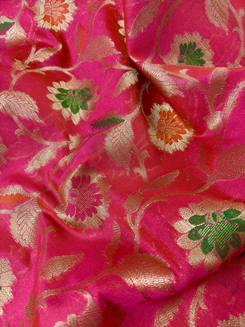 Deep Pink Color Semi Banarasi Silk Saree with Floral Jaal and Meenakari Weaving with undertone of Peach | Brocade Blouse | Banarasi Sarees