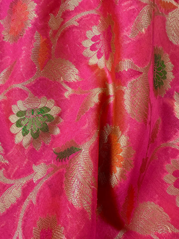 Deep Pink Color Semi Banarasi Silk Saree with Floral Jaal and Meenakari Weaving with undertone of Peach | Brocade Blouse | Banarasi Sarees