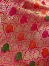Deep Pink Color Semi Banarasi Silk Saree with Floral Jaal and Meenakari Weaving with undertone of Peach | Brocade Blouse | Banarasi Sarees