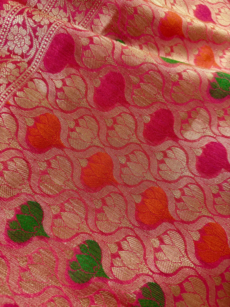 Deep Pink Color Semi Banarasi Silk Saree with Floral Jaal and Meenakari Weaving with undertone of Peach | Brocade Blouse | Banarasi Sarees