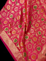 Deep Pink Color Semi Banarasi Silk Saree with Floral Jaal and Meenakari Weaving with undertone of Peach | Brocade Blouse | Banarasi Sarees