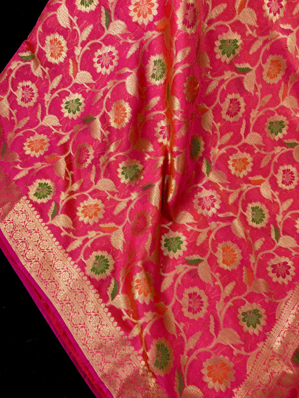 Deep Pink Color Semi Banarasi Silk Saree with Floral Jaal and Meenakari Weaving with undertone of Peach | Brocade Blouse | Banarasi Sarees