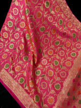 Deep Pink Color Semi Banarasi Silk Saree with Floral Jaal and Meenakari Weaving with undertone of Peach | Brocade Blouse | Banarasi Sarees