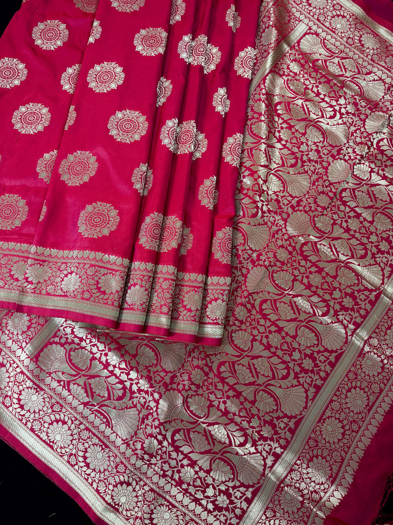 Statement Hot Pink Color Handloom Banarasi Semi Mashru Silk Saree | Light weight and Soft Saree | Chakra Butta Saree