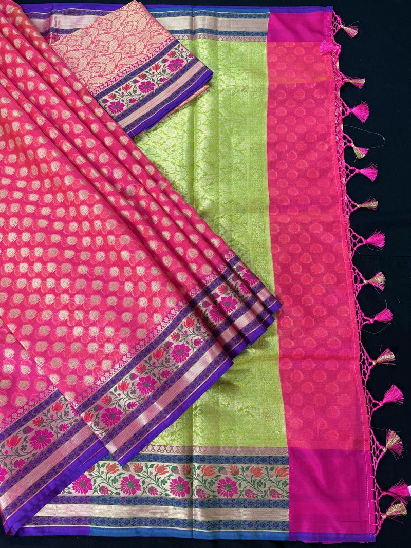 Handmade Peach Pink Color Banarasi Kora Organza Silk Saree with Meenakari Floral Border Work | Banarasi Light Weight Sarees