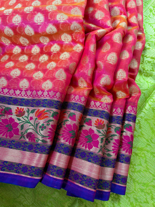 Handmade Peach Pink Color Banarasi Kora Organza Silk Saree with Meenakari Floral Border Work | Banarasi Light Weight Sarees