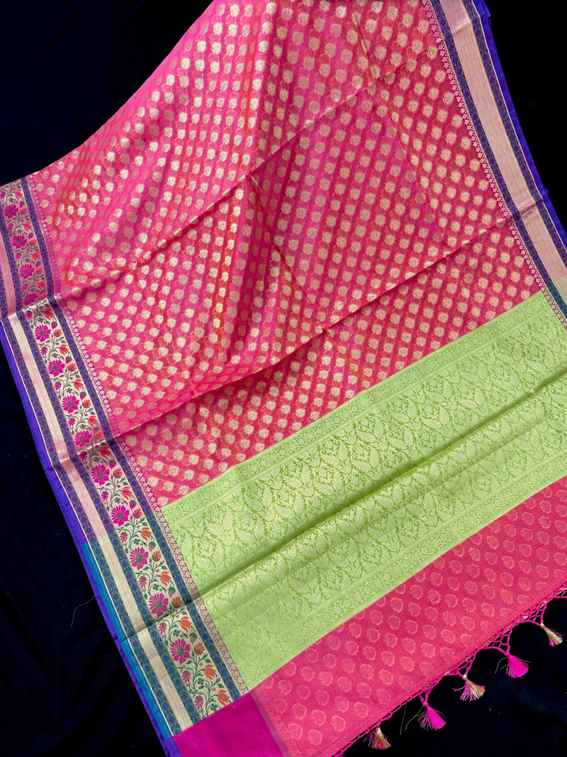 Handmade Peach Pink Color Banarasi Kora Organza Silk Saree with Meenakari Floral Border Work | Banarasi Light Weight Sarees