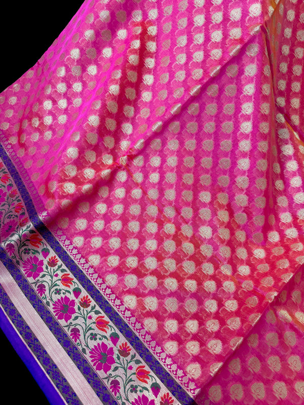 Handmade Peach Pink Color Banarasi Kora Organza Silk Saree with Meenakari Floral Border Work | Banarasi Light Weight Sarees