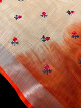 Beige and Orange Color Pure Linen By linen Saree with Floral Embroidery | Zari Borders with Tassels | Gift for Her | Ships from California