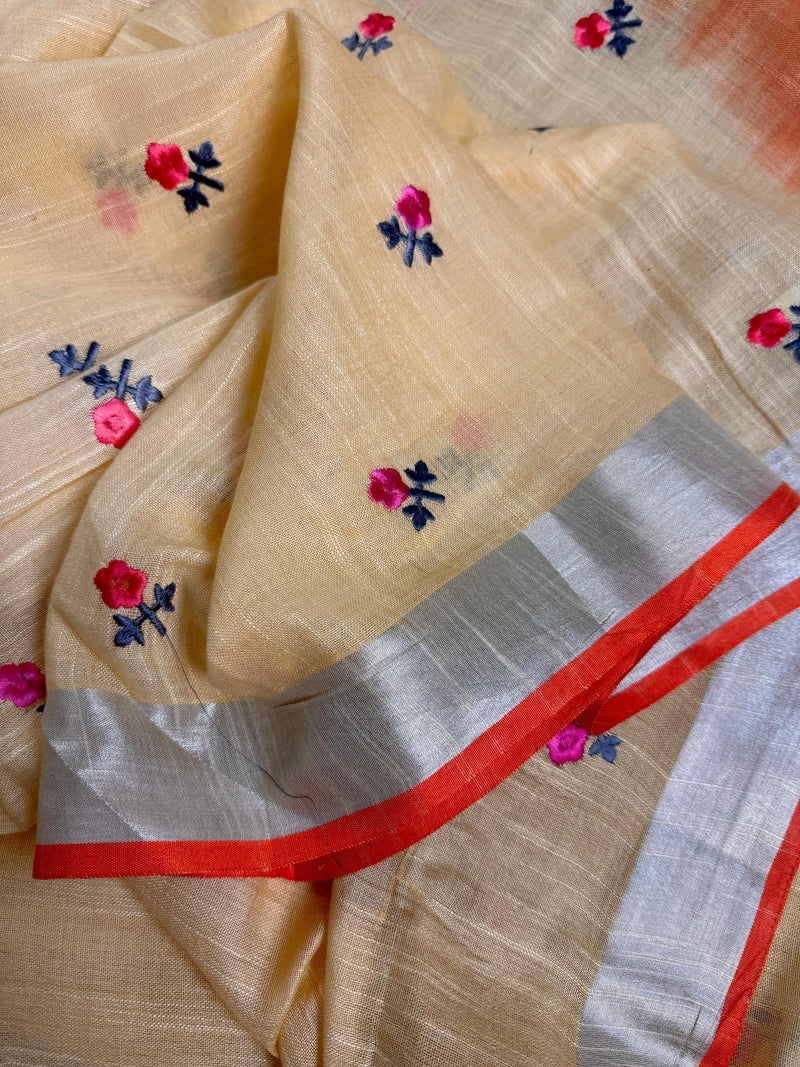 Beige and Orange Color Pure Linen By linen Saree with Floral Embroidery | Zari Borders with Tassels | Gift for Her | Ships from California