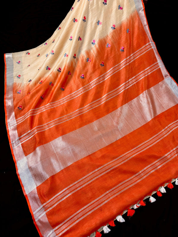 Beige and Orange Color Pure Linen By linen Saree with Floral Embroidery | Zari Borders with Tassels | Gift for Her | Ships from California