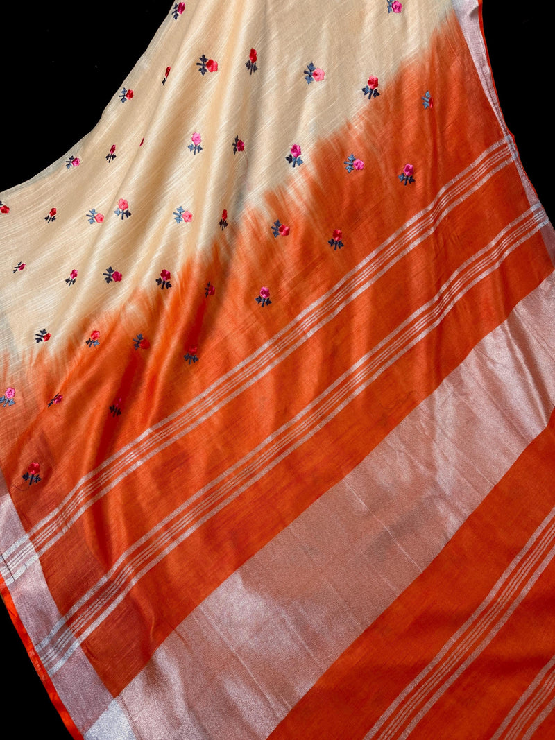 Beige and Orange Color Pure Linen By linen Saree with Floral Embroidery | Zari Borders with Tassels | Gift for Her | Ships from California
