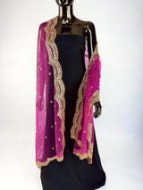 China Rose Color Net Dupatta with Gold Zari, Sequin and Beads | Lavender Wedding Dupatta | Sequin Dupattas | Indian Dupatta for Lehanga