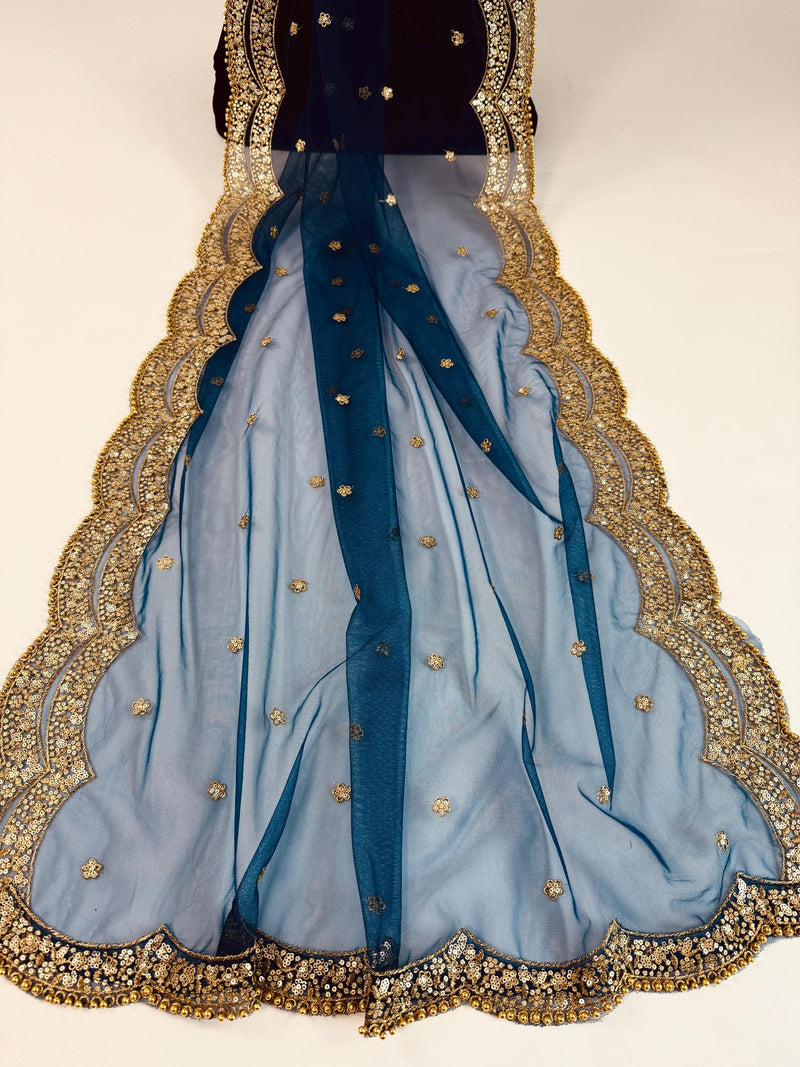 Teal Blue Color Net Dupatta with Gold Zari, Sequin and Bead  | Sequin Dupatta | Indian Dupatta for Lehanga | Weddding, Party Wear Dupatta