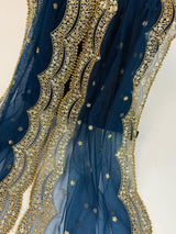 Teal Blue Color Net Dupatta with Gold Zari, Sequin and Bead  | Sequin Dupatta | Indian Dupatta for Lehanga | Weddding, Party Wear Dupatta